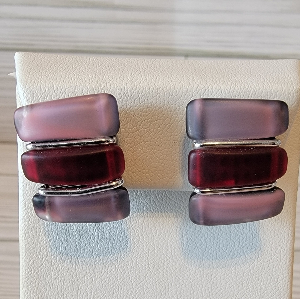 Vintage Western Germany Purple Mauve Stacked Geometric Clip On Earrings